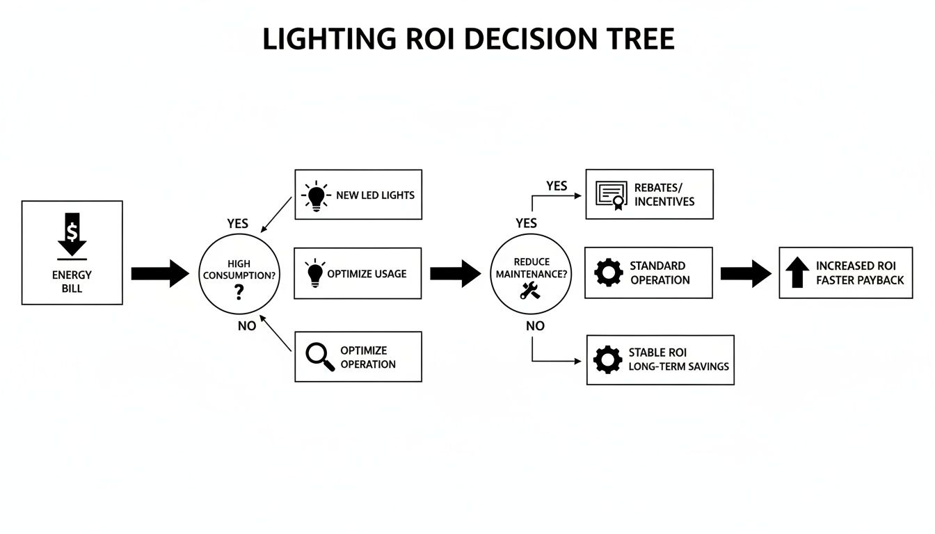Flowchart illustrating a lighting ROI decision tree for energy efficiency and payback analysis.