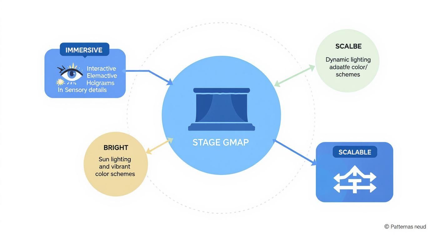Stage with led screen: Elevate Your Event Visuals Today 1 Stage GMAP diagram showing immersive, bright, and scalable design elements for theatrical lighting production