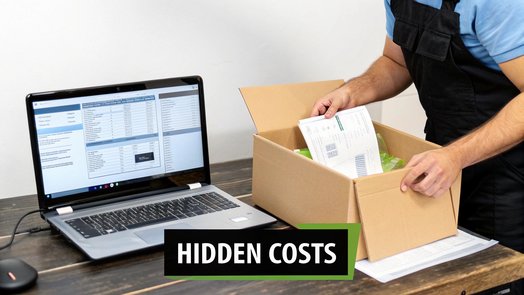 A Complete Guide to Understanding Video Walls Price 4 A person putting documents into a cardboard box next to a laptop displaying data, with 'Hidden Costs' text overlay.
