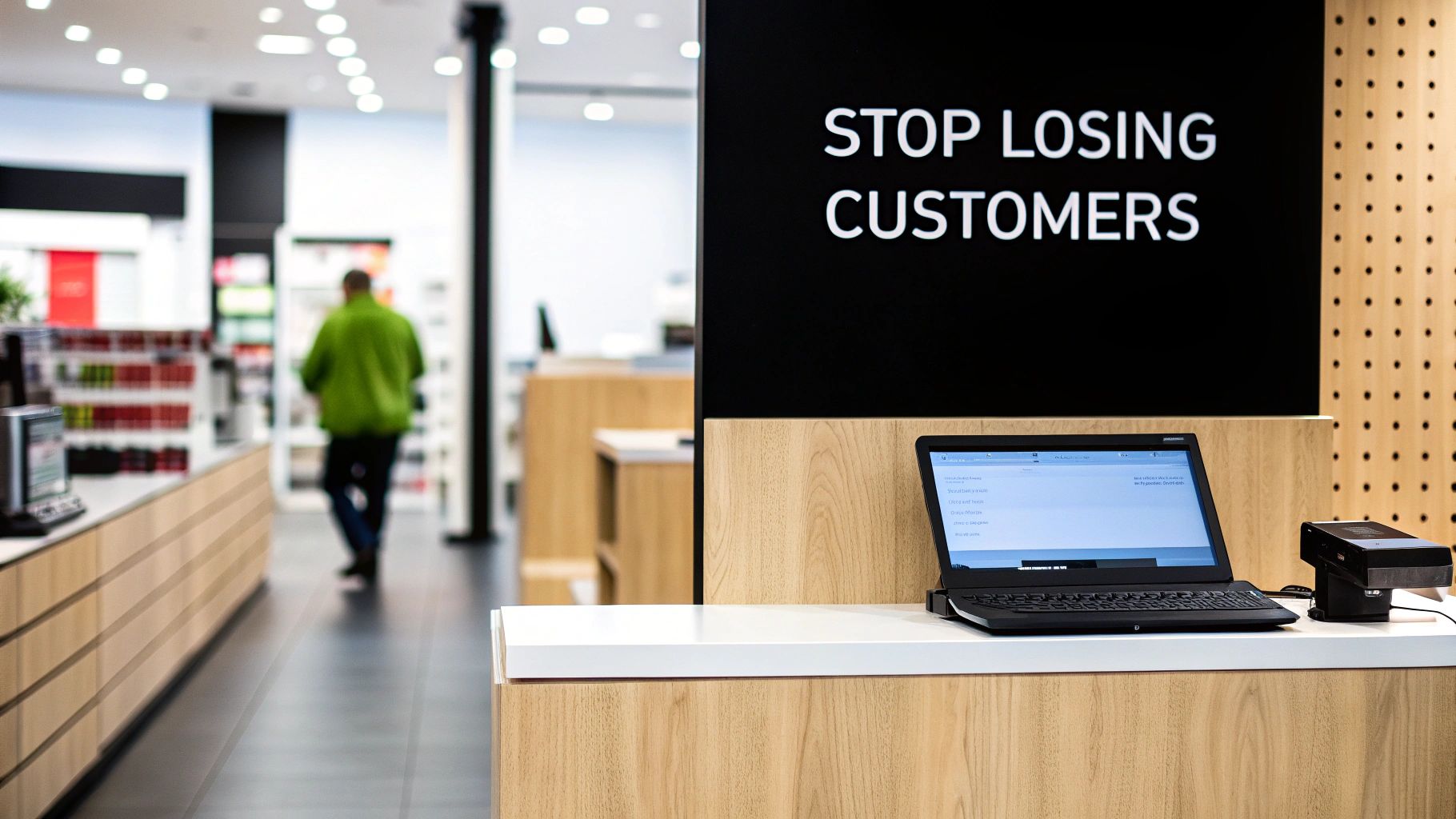 A laptop and payment device on a counter in a modern store, with a sign reading 'STOP LOSING CUSTOMERS'.