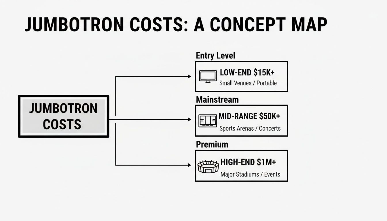 Concept map illustrating Jumbotron costs: Entry-level ($15K+), Mainstream ($50K+), and Premium ($1M+) for various venues.