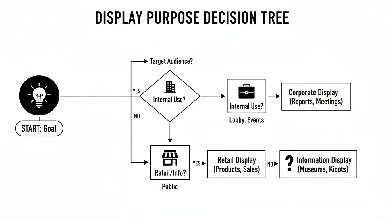 A display purpose decision tree flowchart outlining steps from goal to corporate, retail, or information displays.