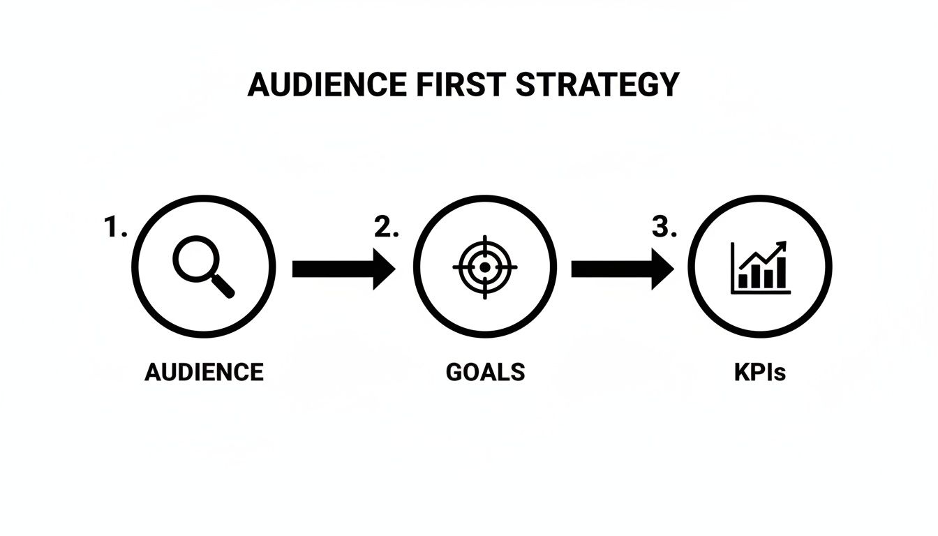 A diagram titled 'Audience First Strategy' showing three steps: Audience (magnifying glass), Goals (target), and KPIs (chart).