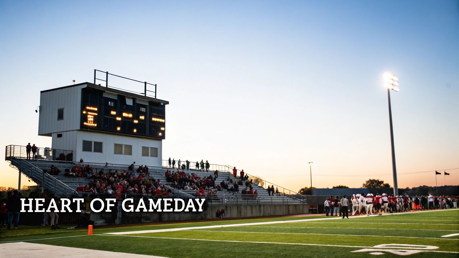 A vibrant high school football game scene at twilight, featuring a glowing scoreboard, stadium lights, and cheering fans.