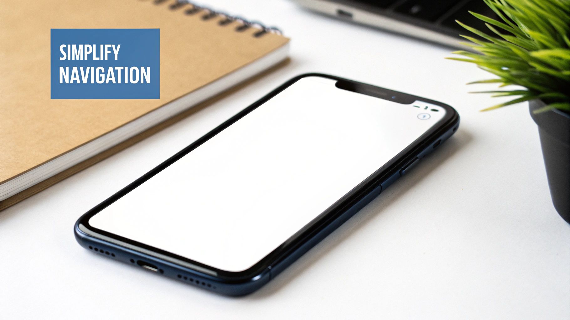 Smartphone with blank screen and a notebook with 'SIMPLIFY NAVIGATION' on a white desk.
