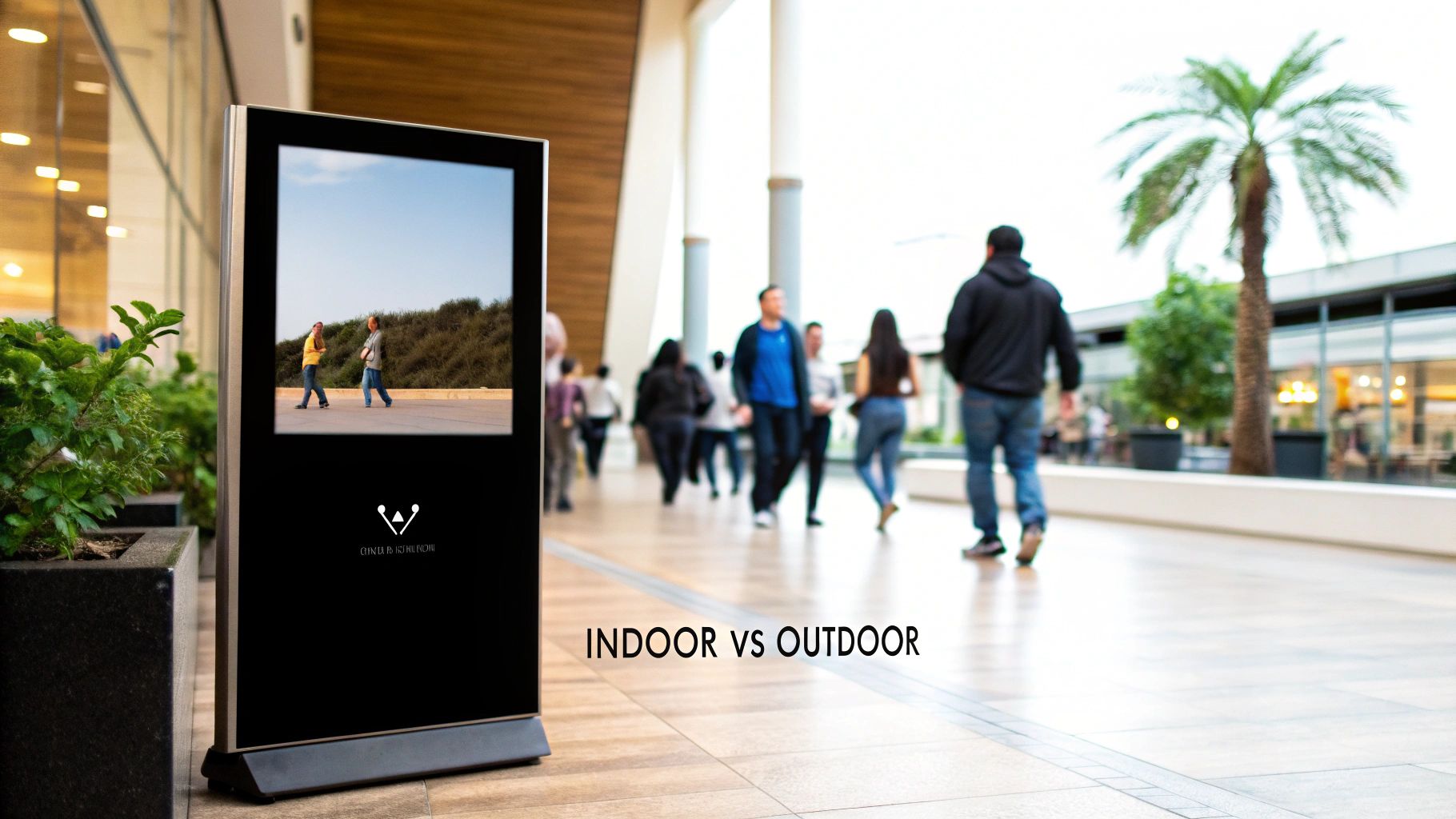 A Guide to Electronic Announcement Boards 2 A digital display board in a modern open space showing an outdoor scene, contrasting indoor and outdoor environments.