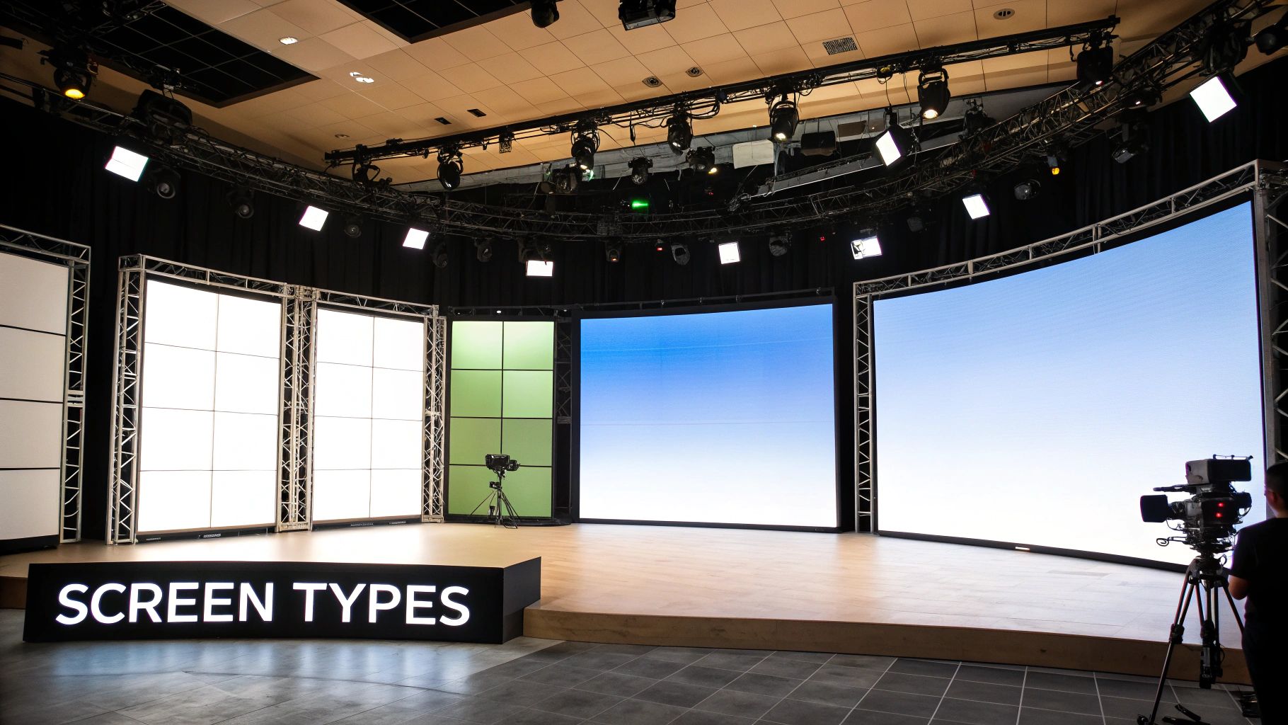 A Complete Guide to LED Stage Screen Technology 3 A modern stage setup featuring various LED screen types, video walls, and a large curved display.