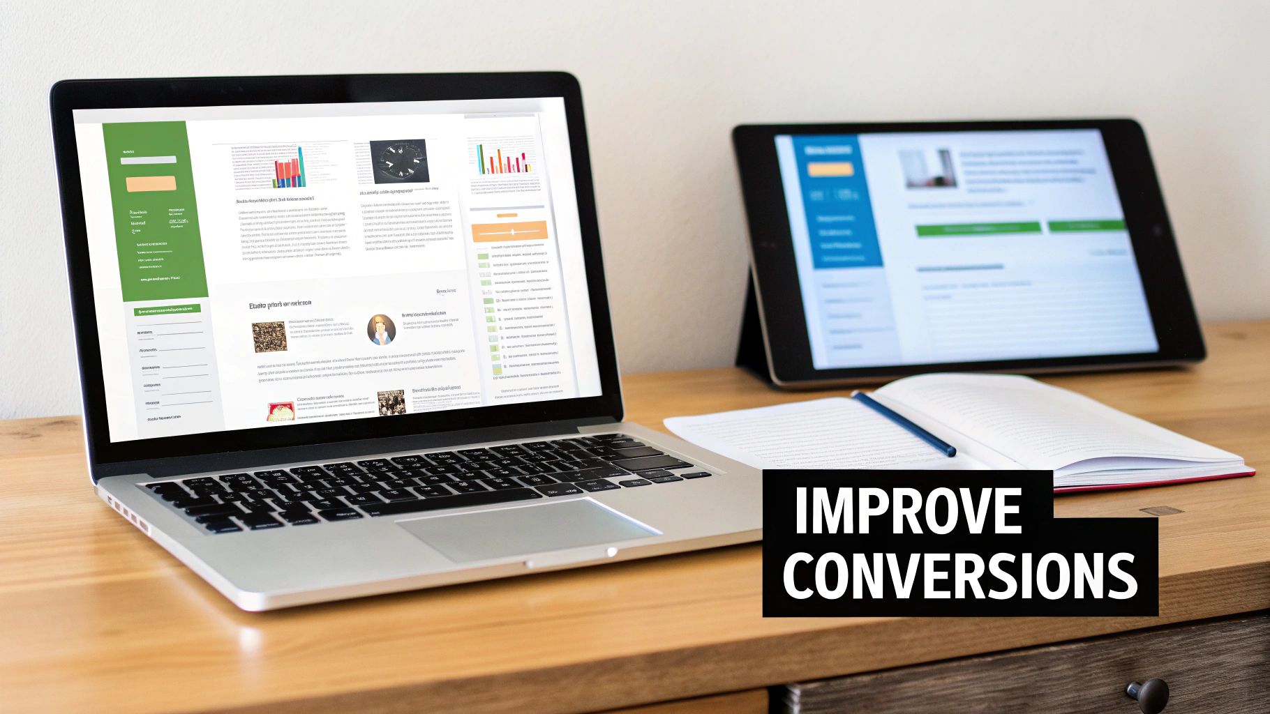 A laptop and tablet on a wooden desk display analytics dashboards, with 'IMPROVE CONVERSIONS' text.
