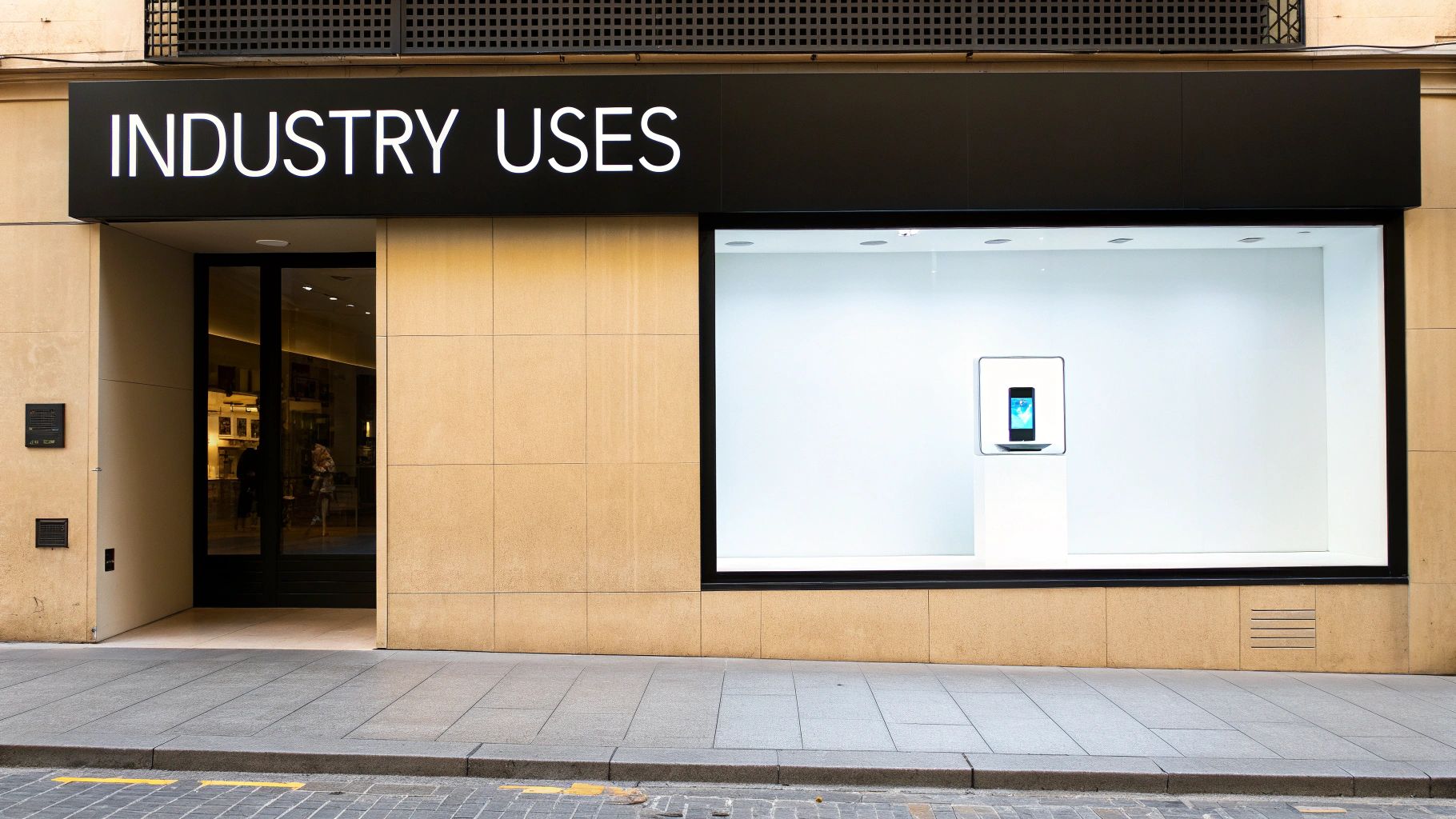 Modern storefront with large display screen showing smartphone under industry uses signage and glass entrance