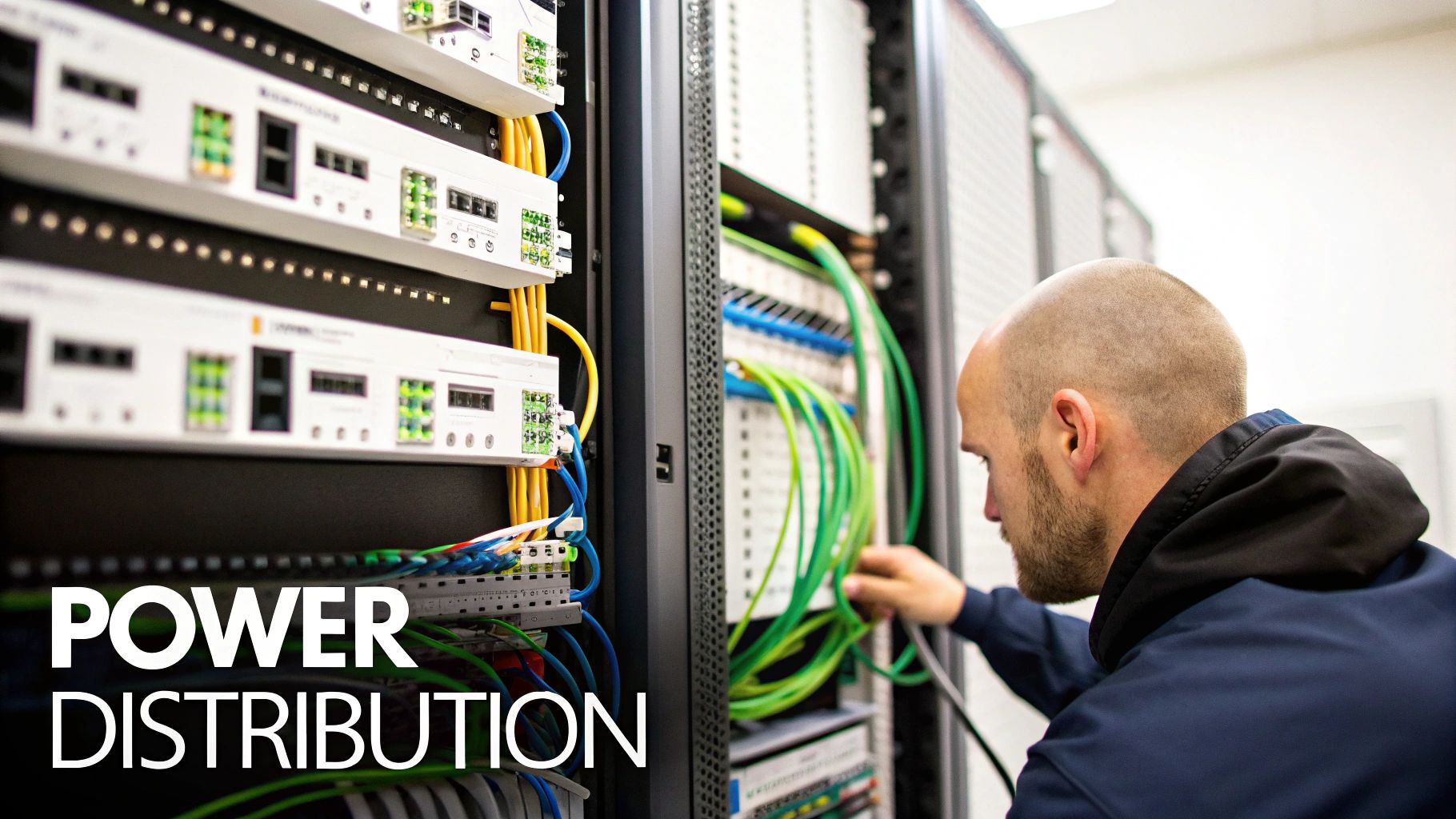 Technician installs bright green power distribution cables in a complex server rack environment.