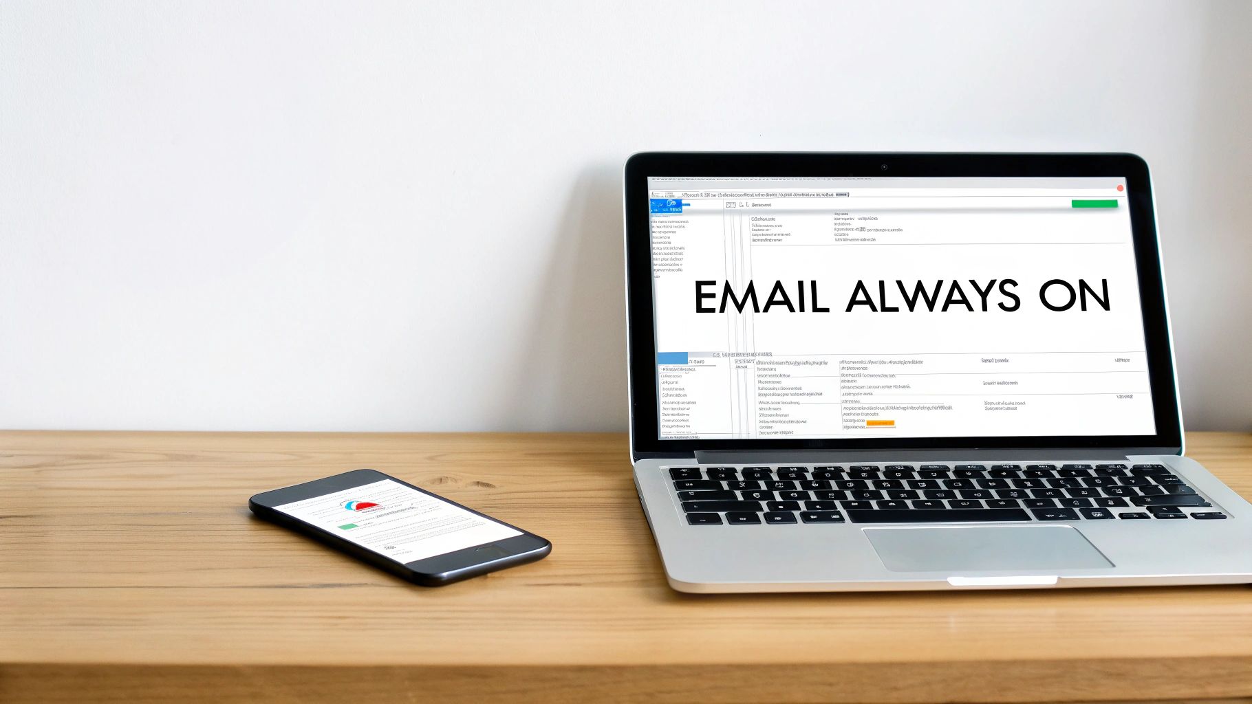 A laptop displaying 'EMAIL ALWAYS ON' and a smartphone on a wooden desk against a white wall.