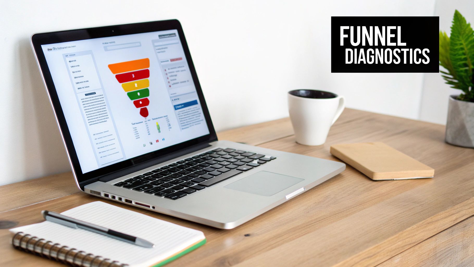 A laptop displaying a sales funnel diagram and conversion rates on a wooden desk with a coffee mug and a notebook.