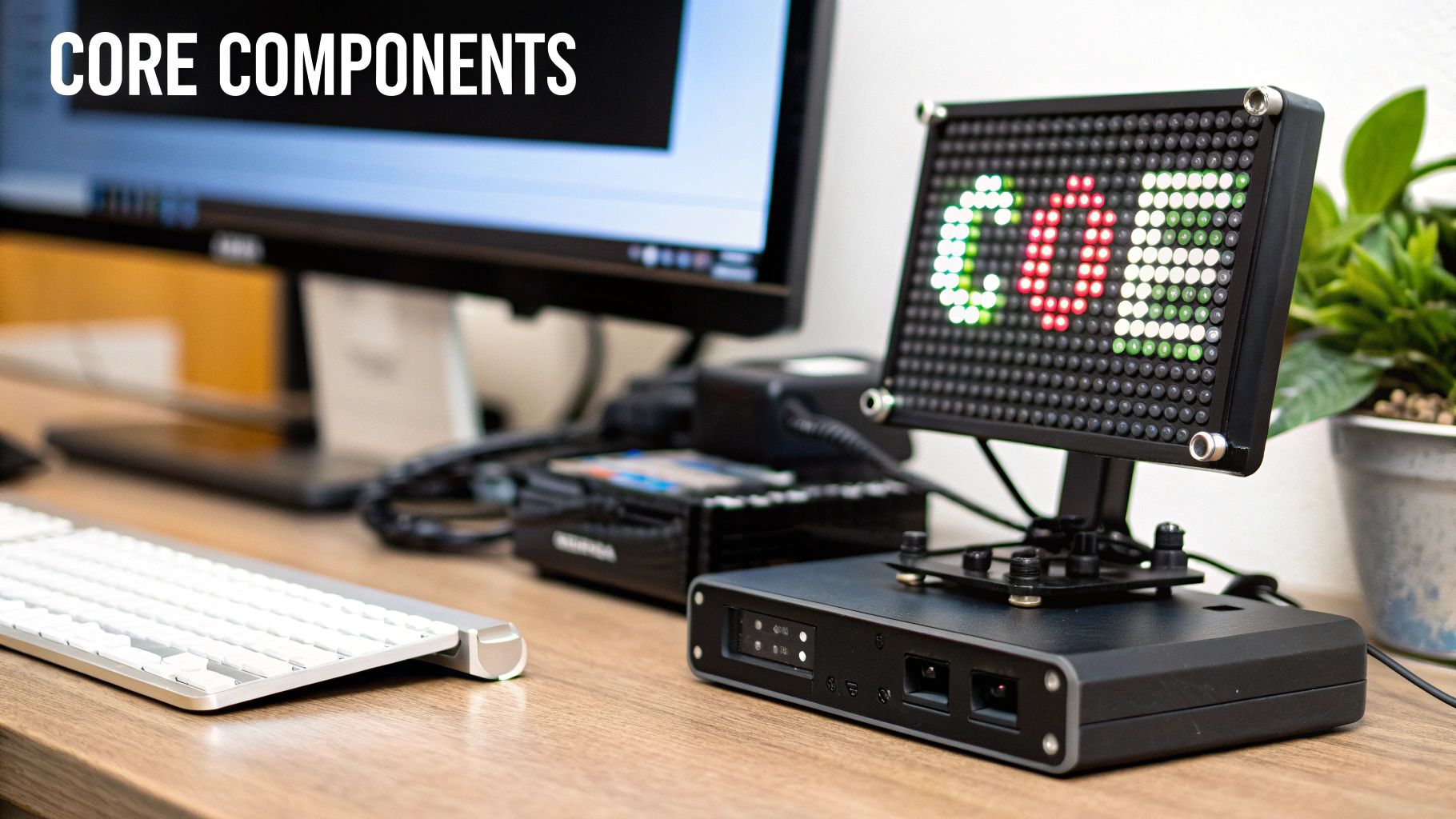 A Complete Guide to Understanding Video Walls Price 3 A modern tech workspace featuring a computer, keyboard, an LED display showing 'CODE', and a plant.