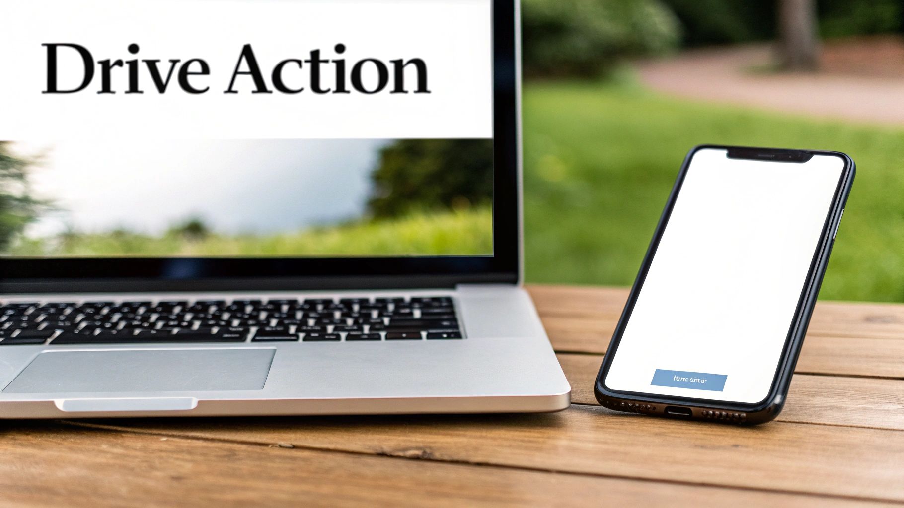 A laptop displaying 'Drive Action' and a smartphone with a 'Demo Starter' button on a wooden table outdoors.