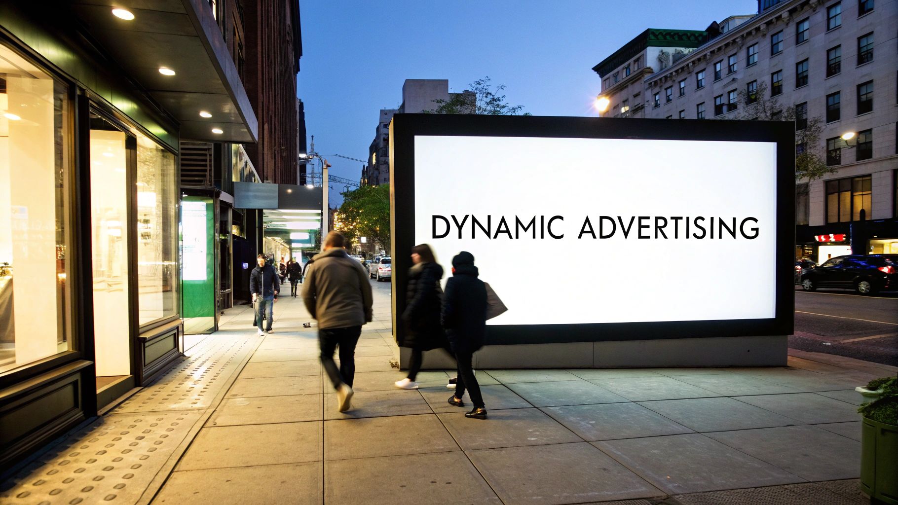 A large, bright outdoor digital display sign on the side of a modern building at dusk.