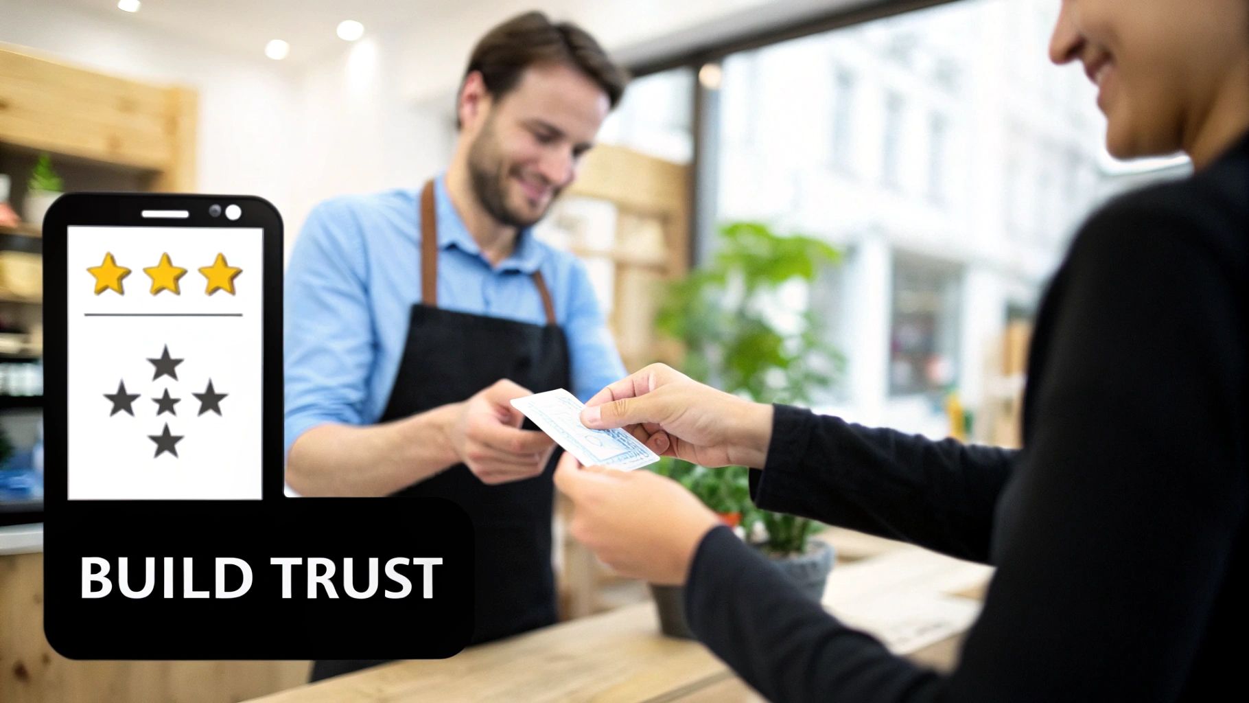A customer hands a card to a smiling cashier, with a smartphone displaying star ratings and 'BUILD TRUST'.