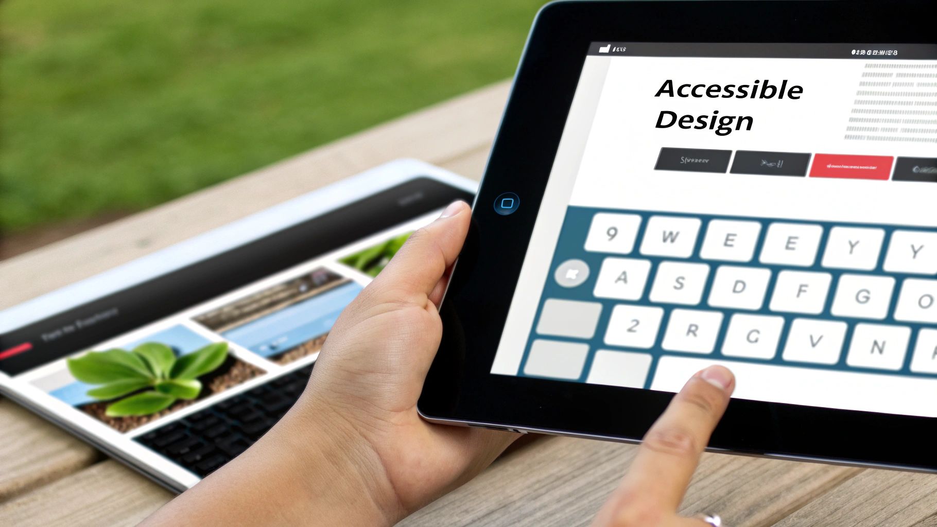 A person types 'Accessible Design' on a tablet screen, highlighting digital accessibility and web design.