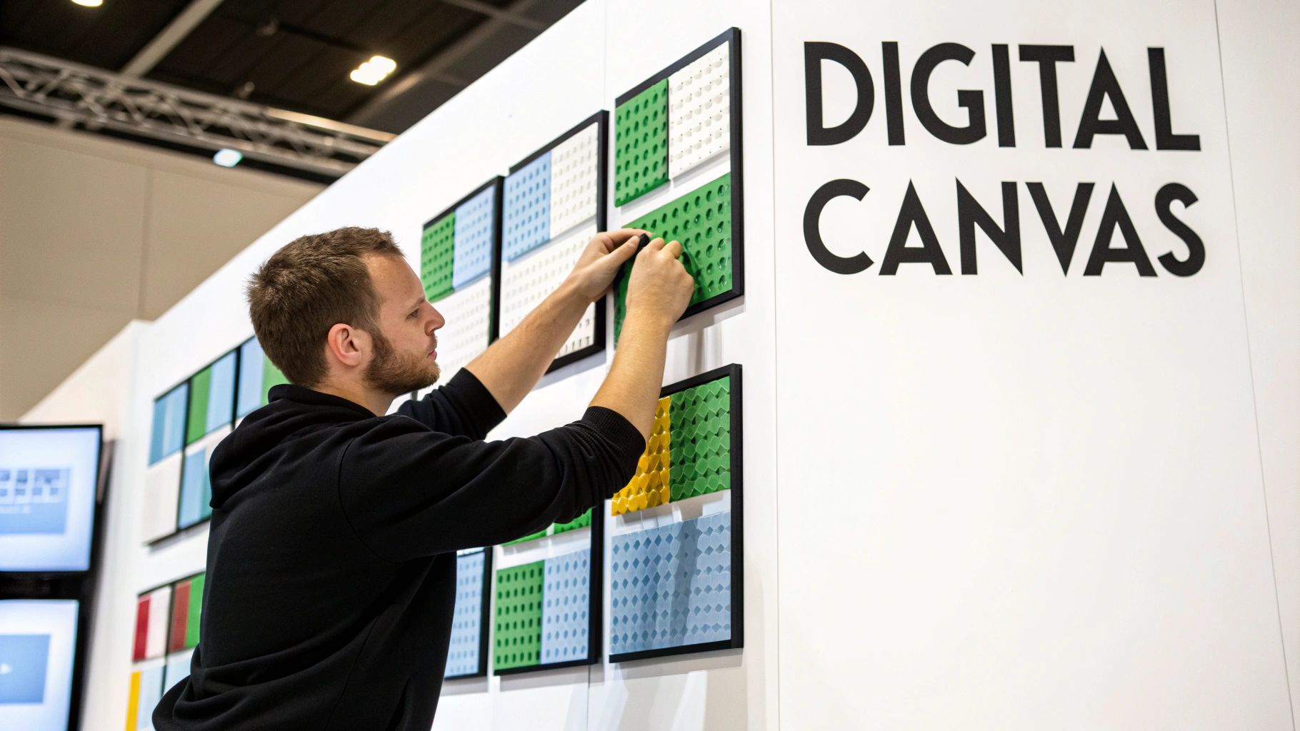 A man adjusts colorful modular panels on a 'Digital Canvas' display wall.