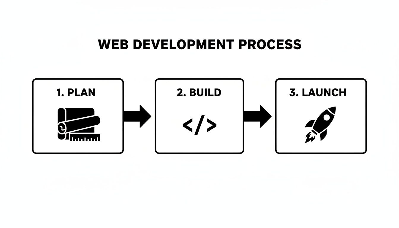 A diagram illustrating the three-stage web development process: plan, build, and launch.