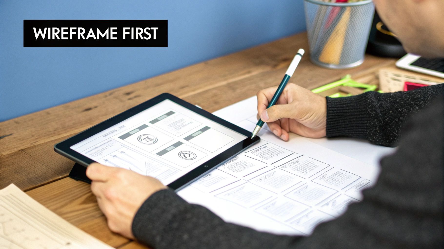 A wireframe of a web page being sketched out on a piece of paper, showing the basic layout and structure.