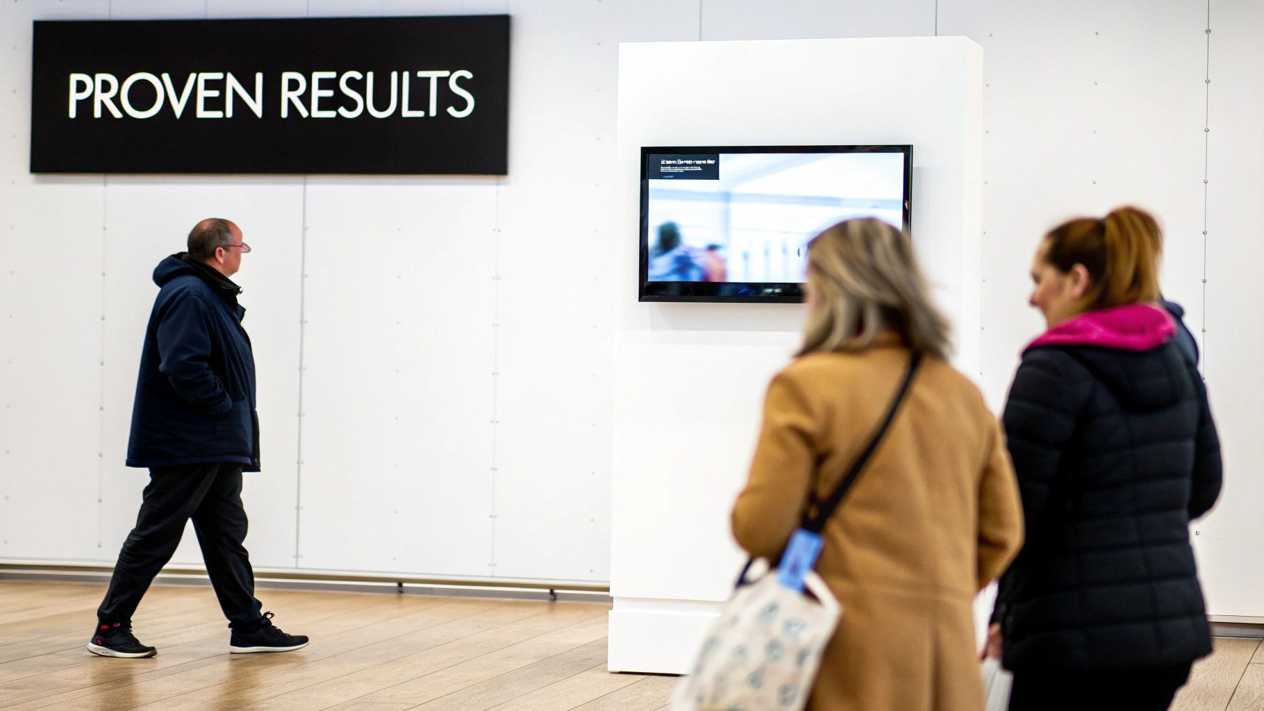 A Guide to Electronic Announcement Boards 3 People walk past a 'PROVEN RESULTS' sign and an electronic display screen in a modern interior.