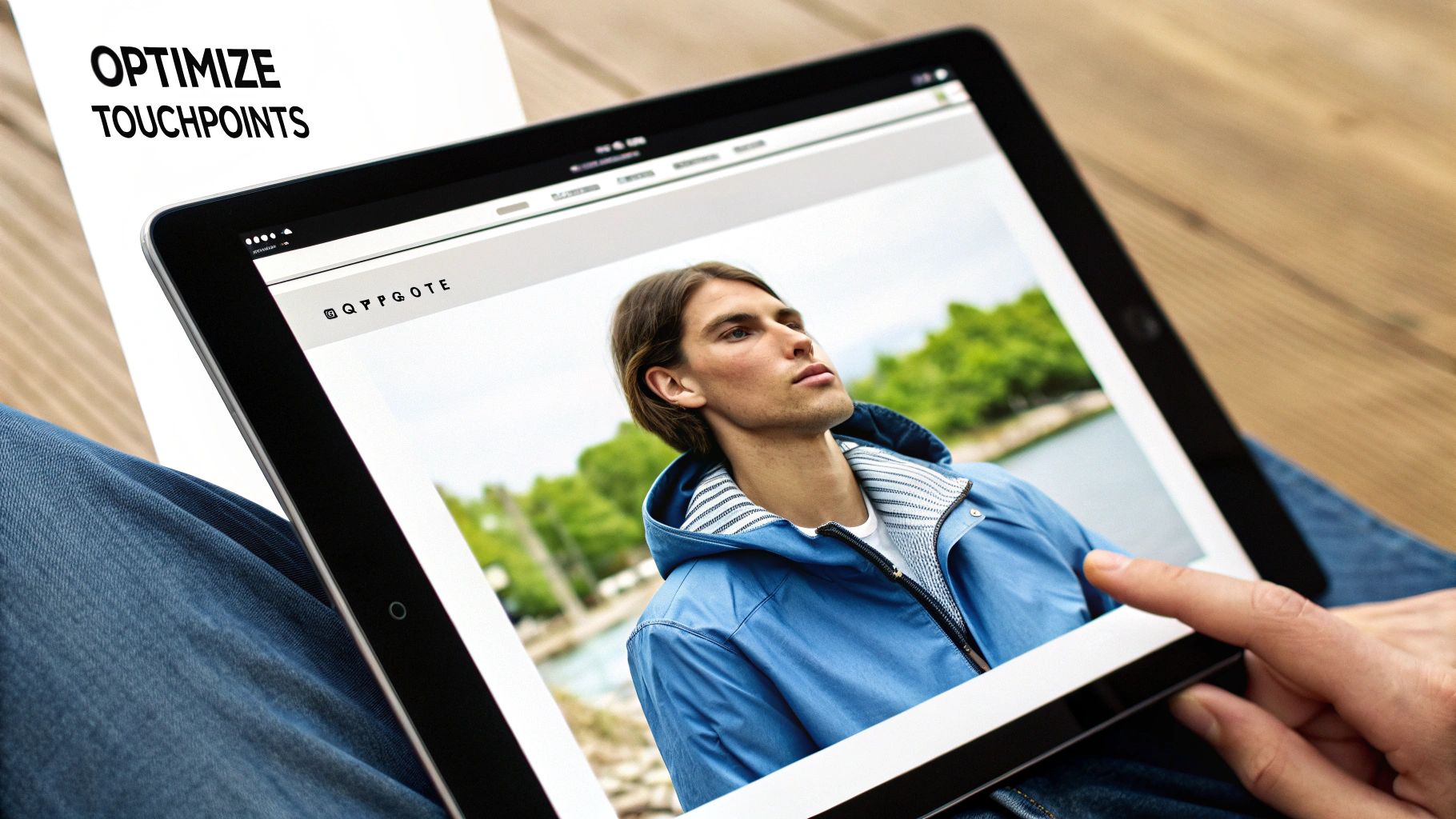 Person browsing a fashion website on a tablet, optimizing digital customer touchpoints.