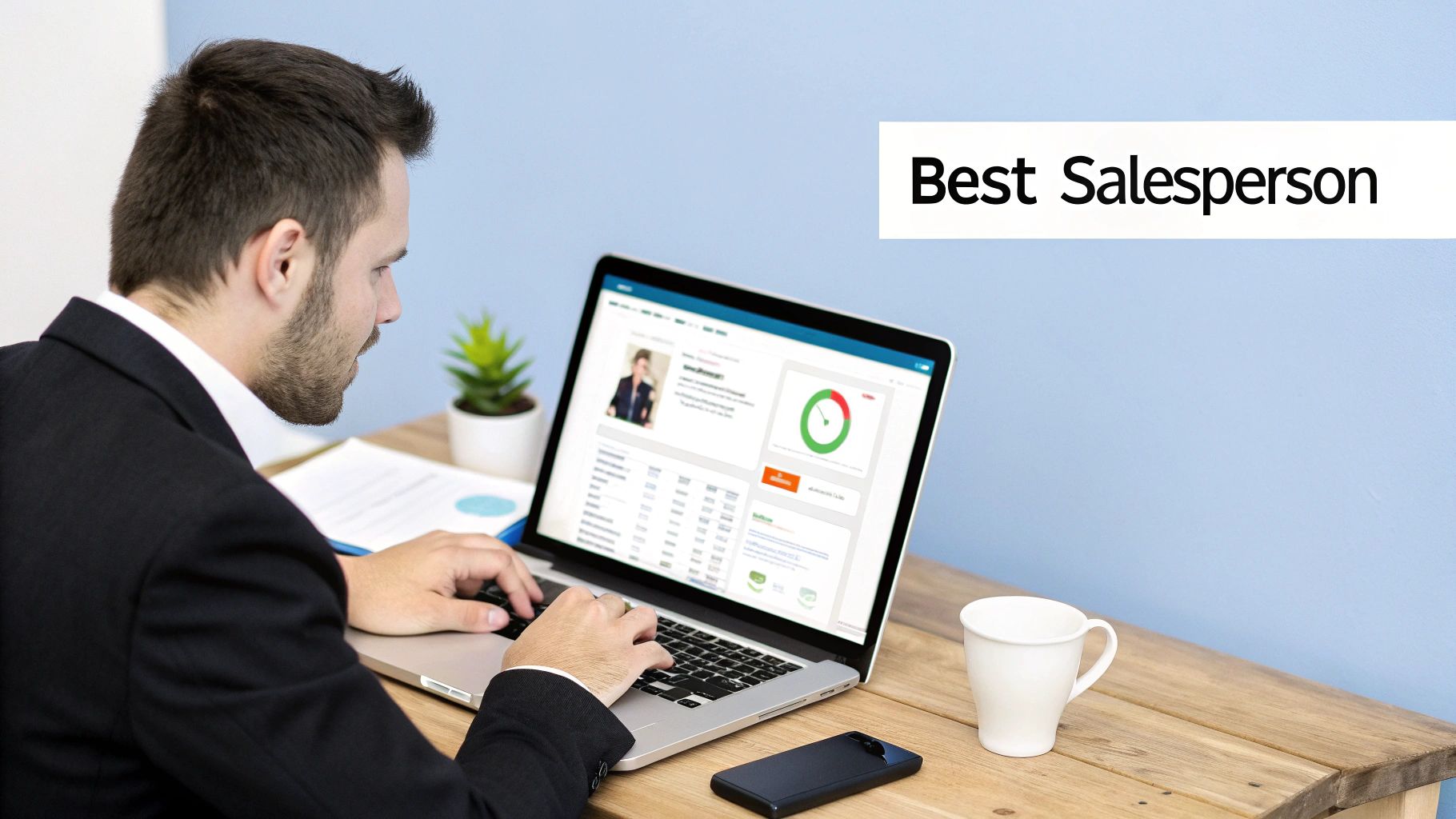 A man in a suit works on a laptop showing a sales dashboard, with 'Best Salesperson' text overlay.