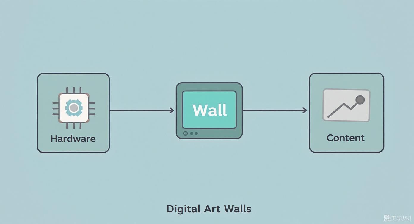 Digital art walls system diagram showing hardware, wall display, and content flow architecture