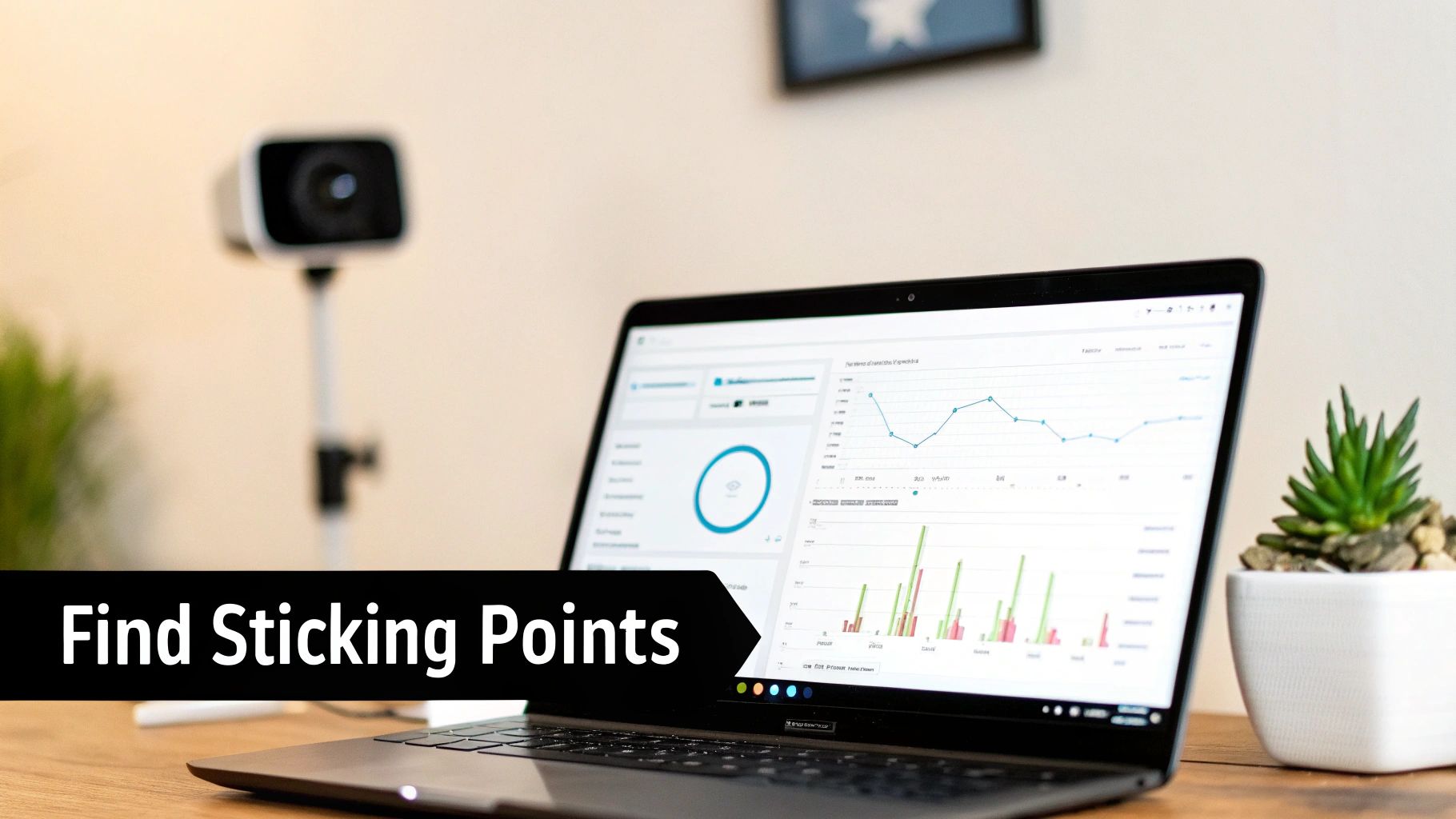 A laptop displays data analytics graphs and charts, with an overlay text reading 'Find Sticking Points'.