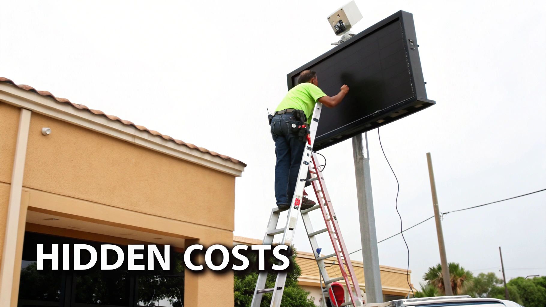 A man on a ladder installing a large black digital sign for a business.
