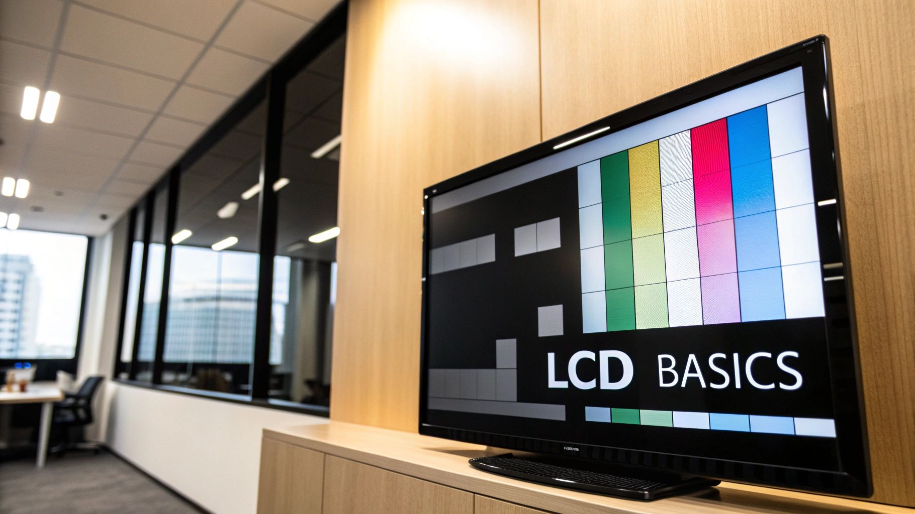 lcd for video wall: Essential buying tips 1 A large, multi-panel LCD video wall displaying a colorful, abstract image in a modern office lobby.