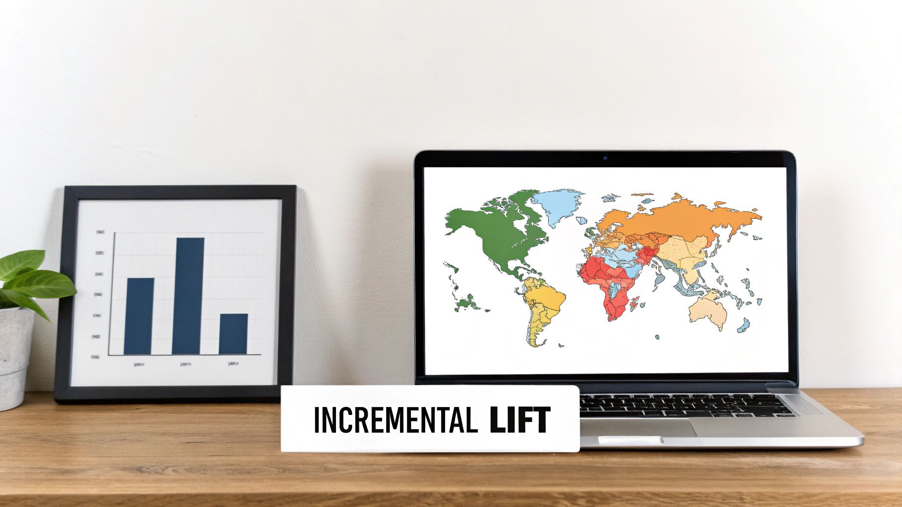 A desk setup with a laptop showing a world map, a bar chart, a plant, and an "INCREMENTAL LIFT" sign.
