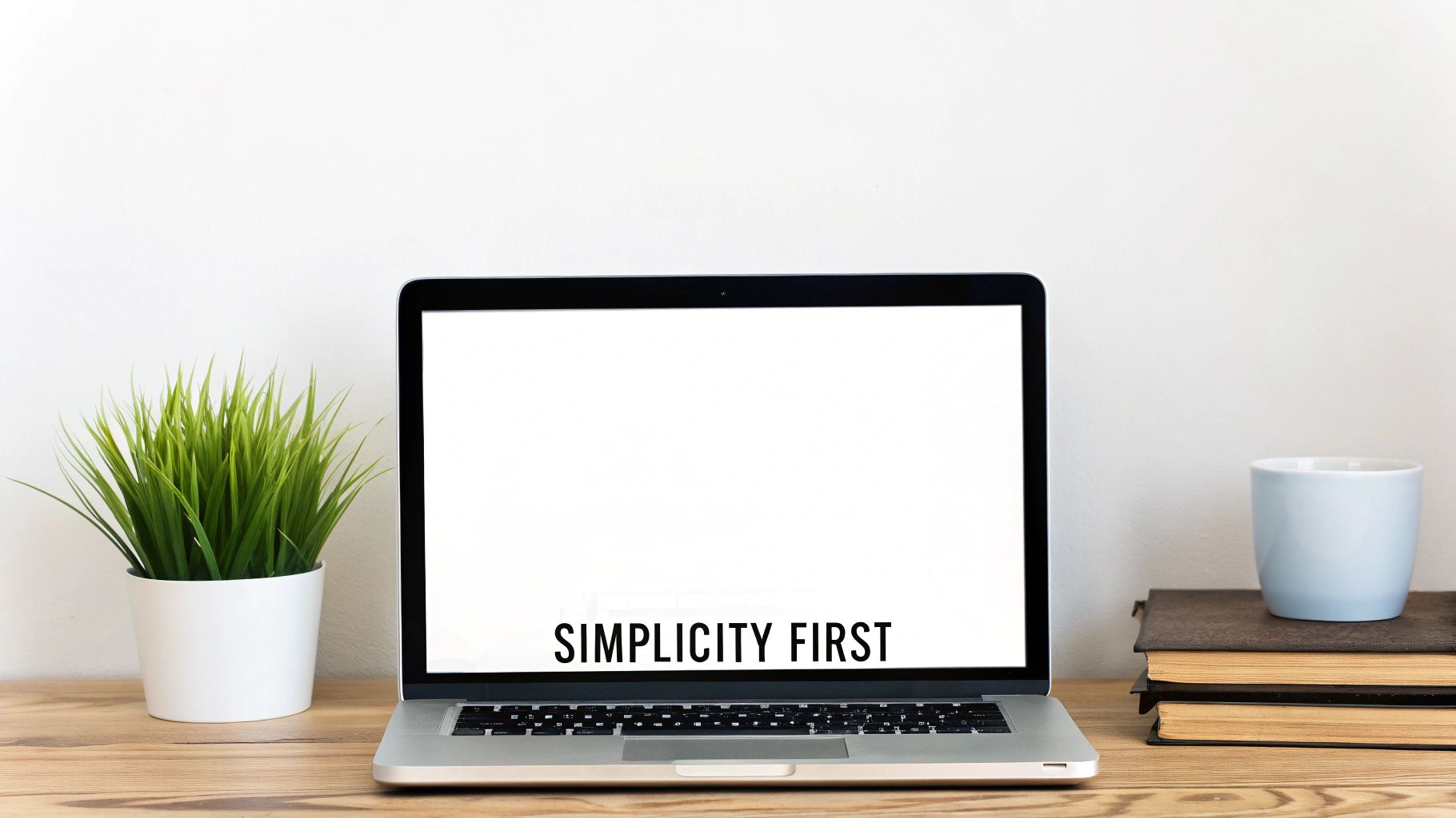 Minimalist desk with laptop displaying 'SIMPLICITY FIRST', green plant, stacked books, and light blue mug.