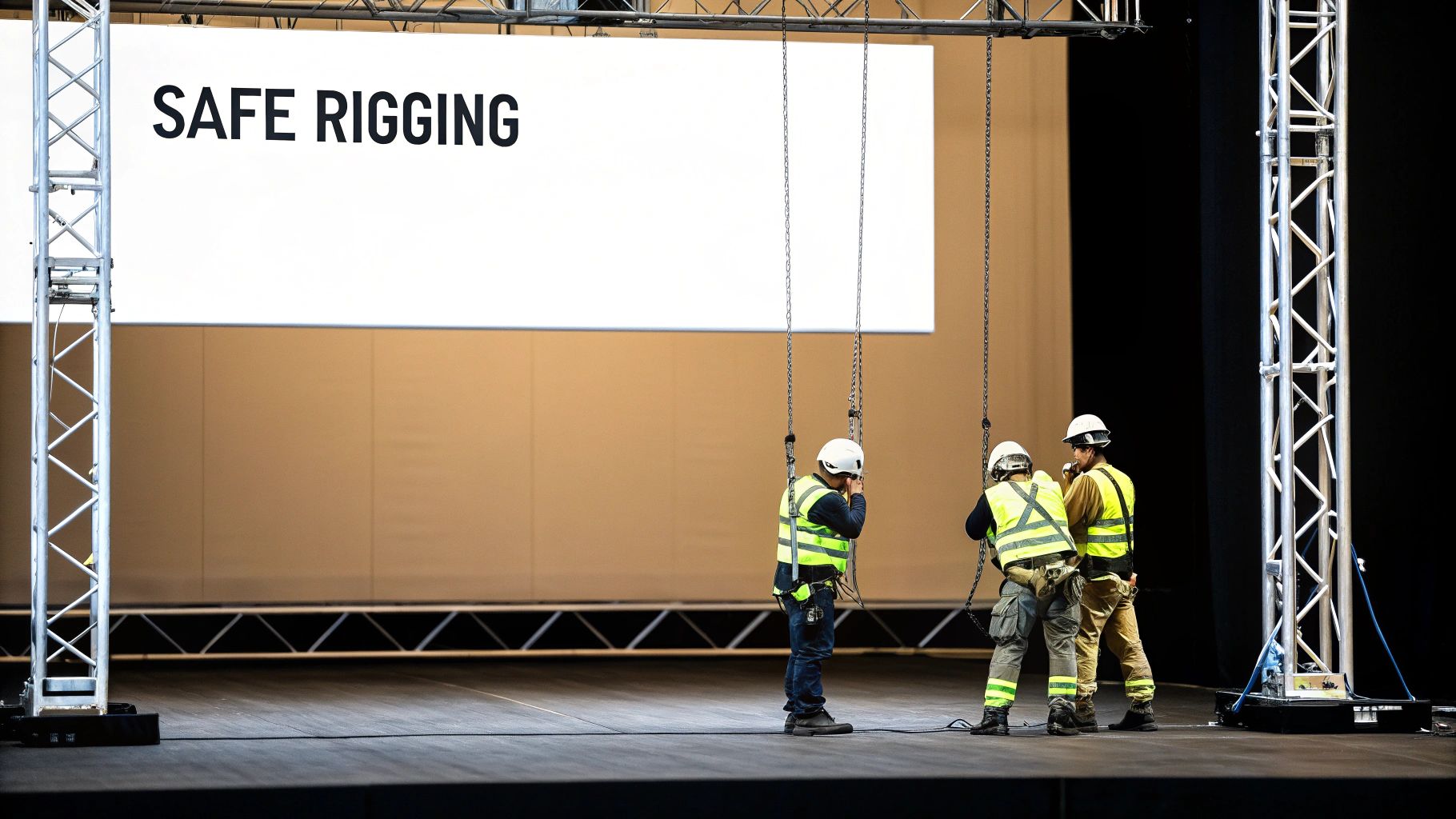 Your Complete Guide to Stage LED Screen Technology 2 Construction workers in safety gear rigging a stage under a screen displaying 'SAFE RIGGING'.