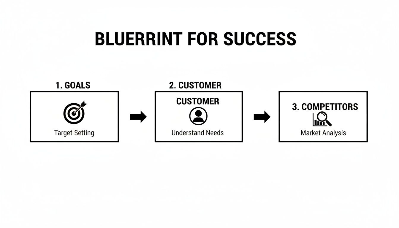 Blueprint for success diagram outlining three steps: goals, customer, and competitor analysis.