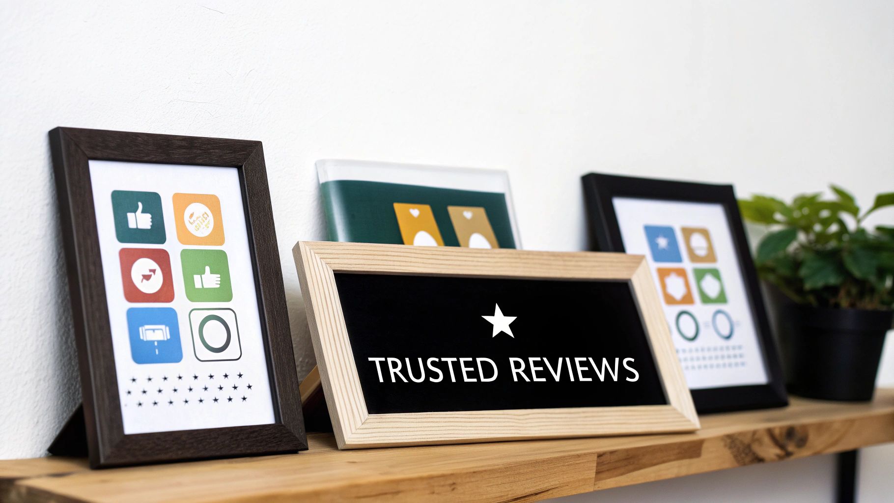 A wooden shelf holds picture frames, one featuring 'TRUSTED REVIEWS' and review-related icons.