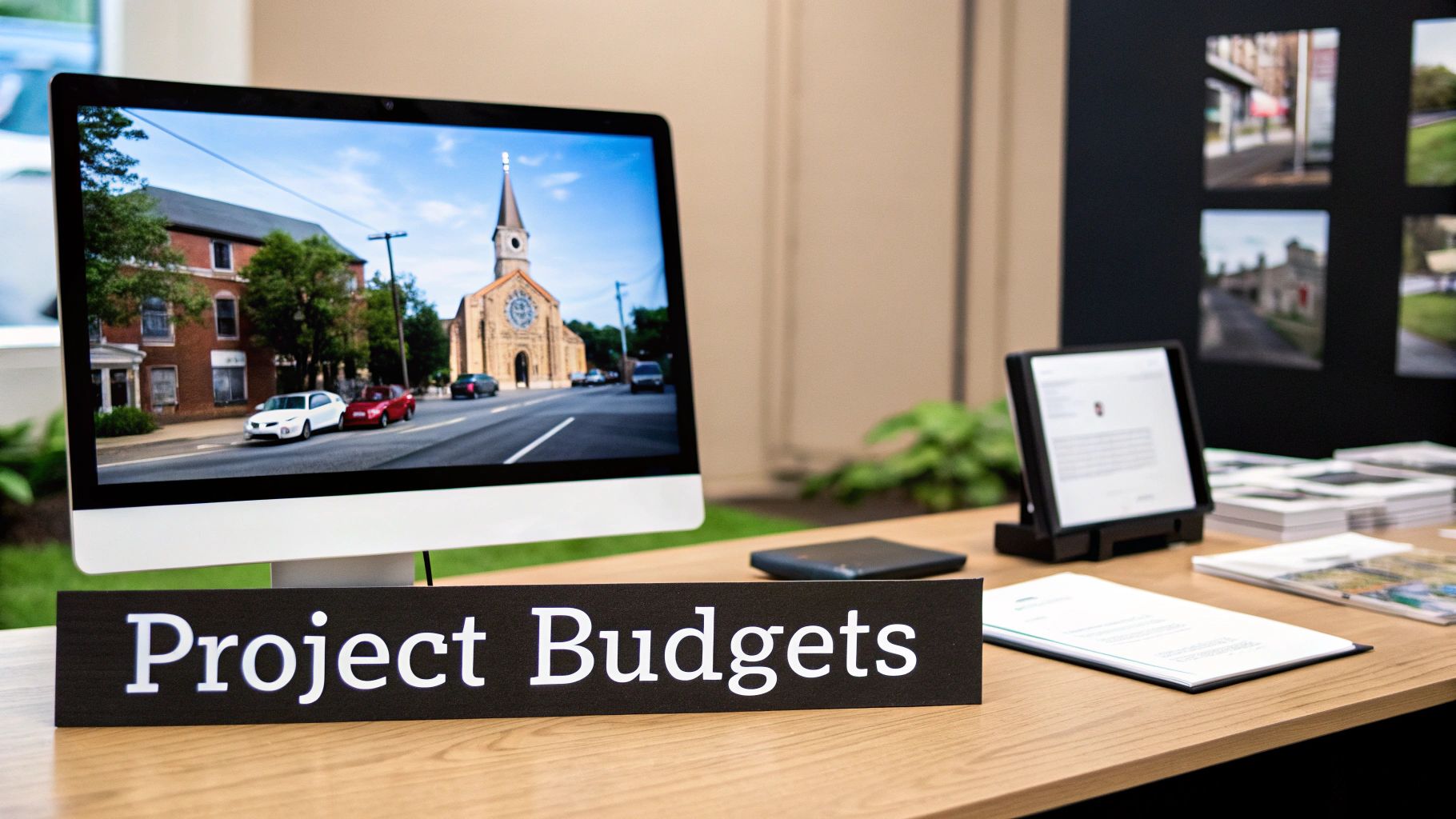 A modern desk with a computer monitor displaying a street scene, a tablet, and a 'Project Budgets' sign.