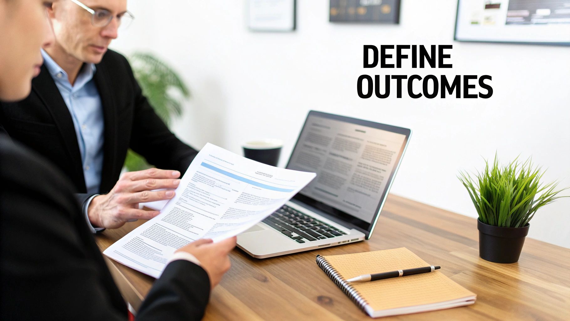 Two business professionals reviewing documents and defining outcomes during a meeting at an office desk.