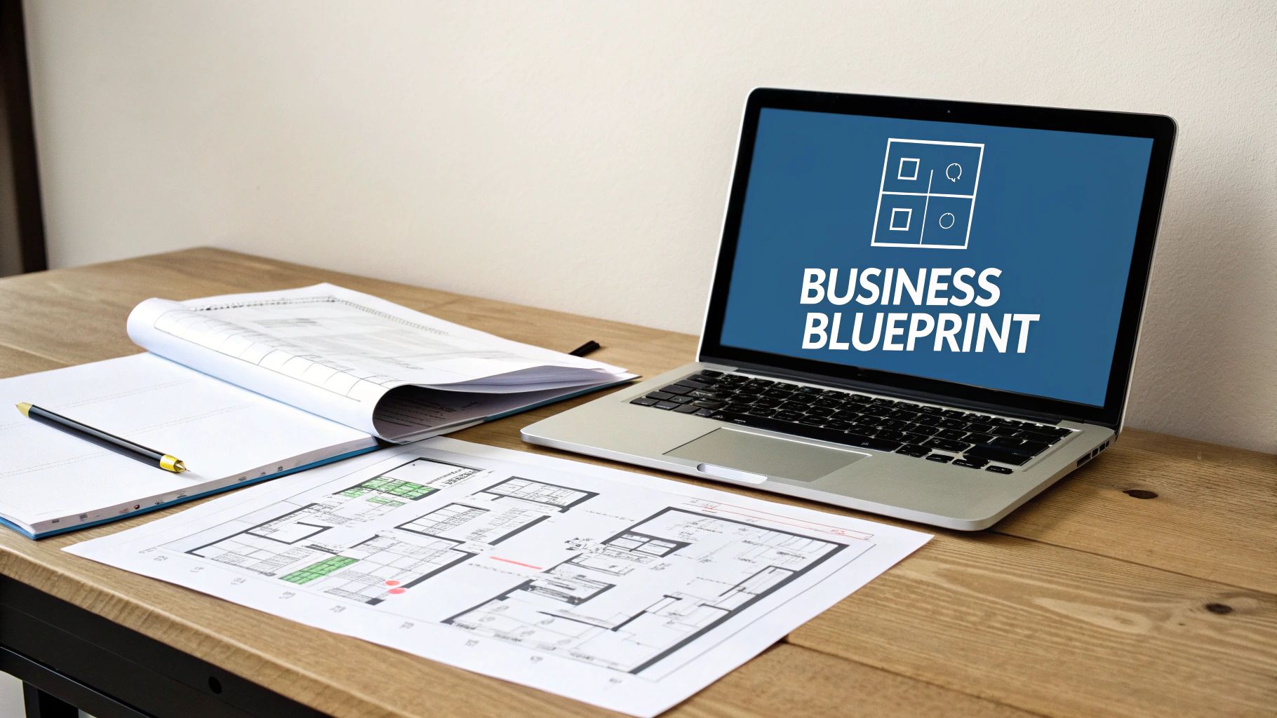 A laptop screen displays 'BUSINESS BLUEPRINT' next to an open notebook, pen, and floor plan.
