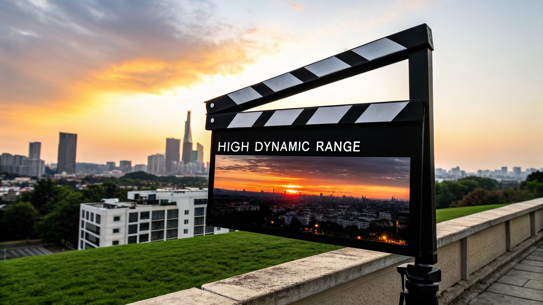 A clapperboard displays a high dynamic range sunset cityscape, contrasting with the actual city skyline.
