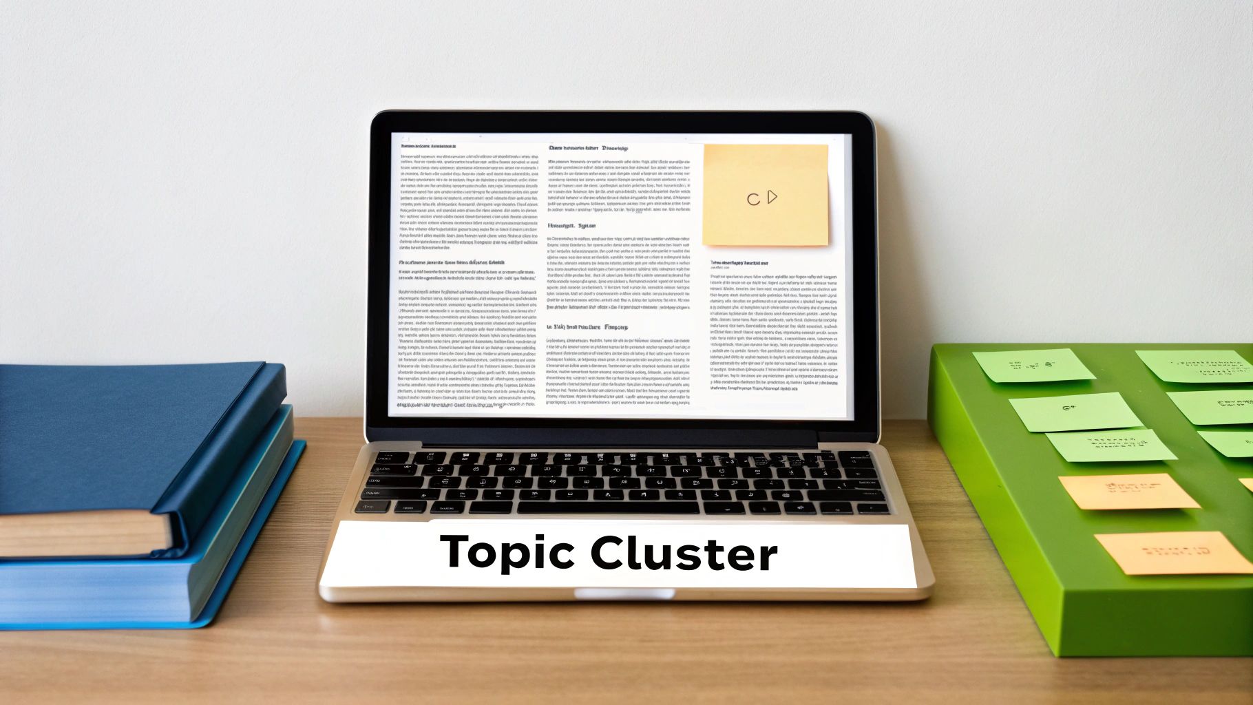 A laptop on a desk showing a document with a sticky note, alongside blue books and a green organizer.