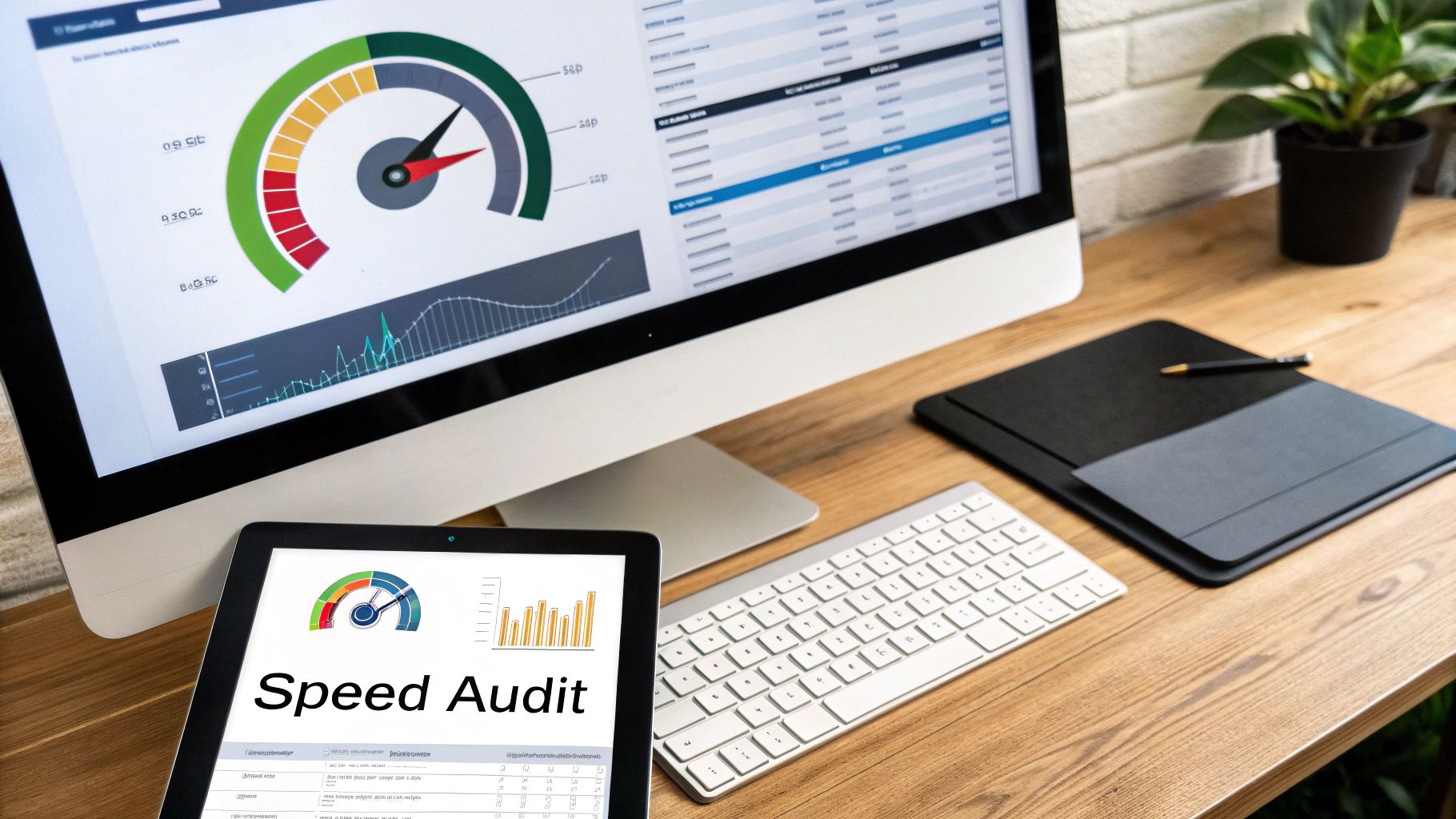 A desk with a computer and tablet displaying 'Speed Audit' results and performance analysis charts.