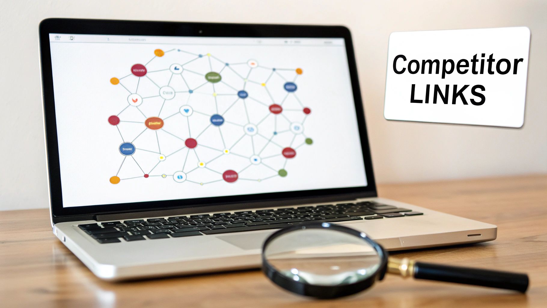 A laptop displays a competitor link network map, with a magnifying glass and a 'Competitor LINKS' sign.