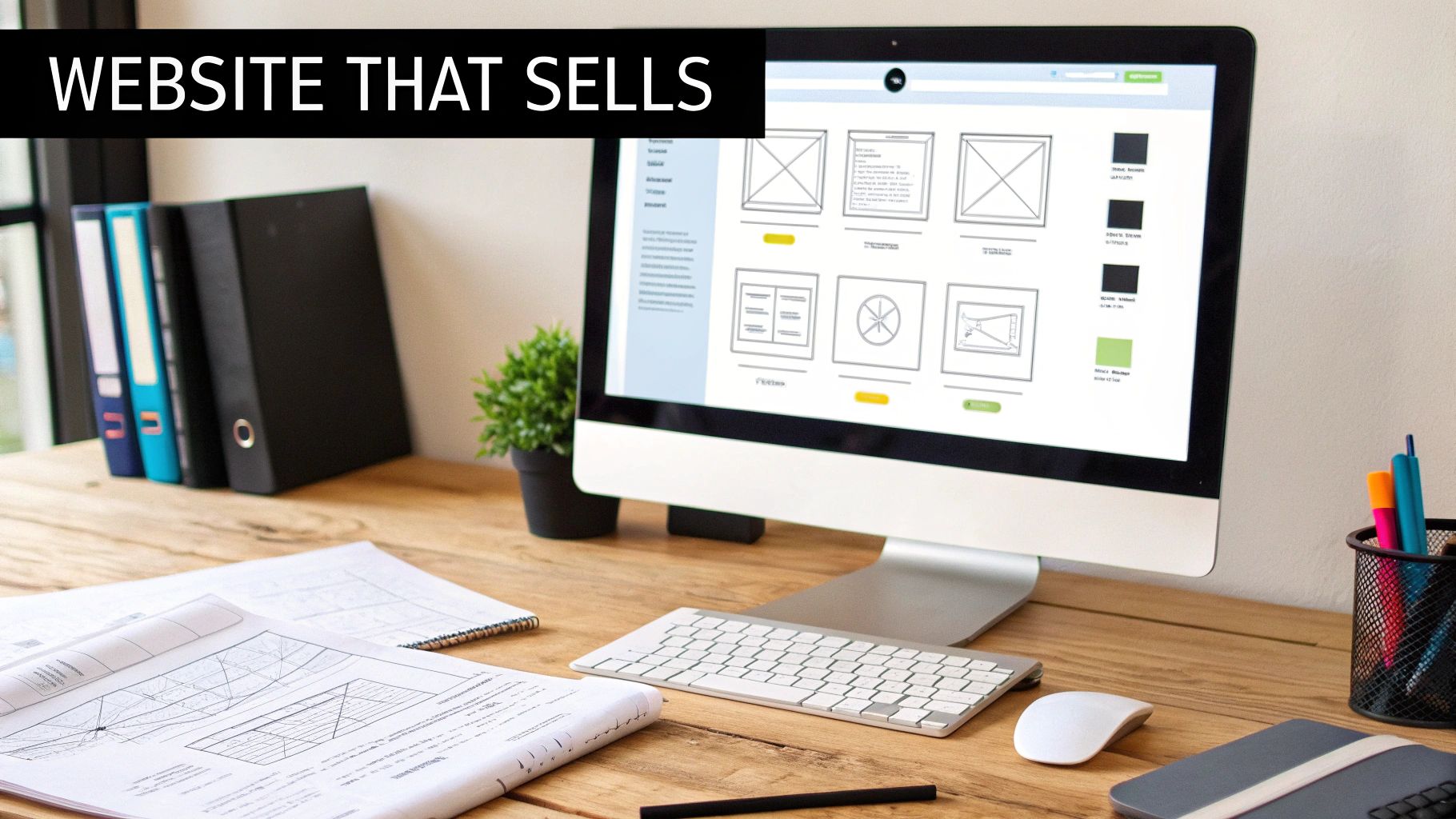 A person at a desk brainstorming content ideas on a notepad, with a laptop open showing a blog post.