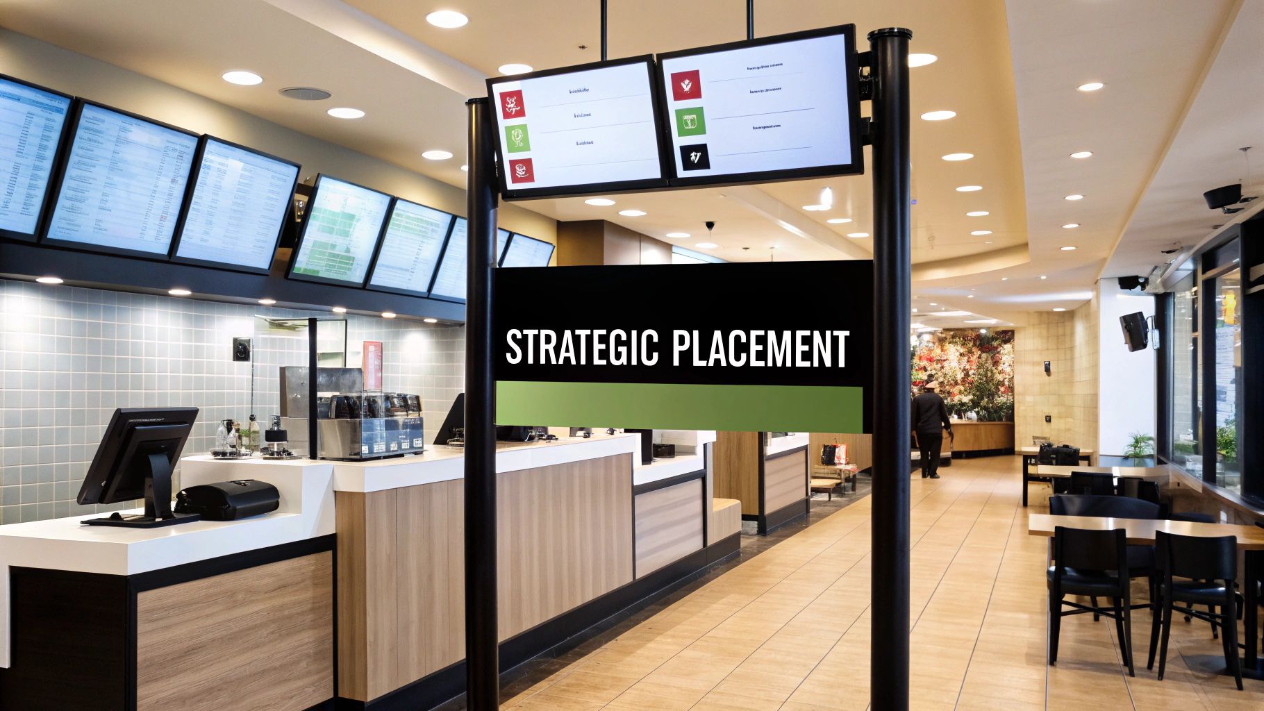 Restaurant interior with strategically placed digital signage screens