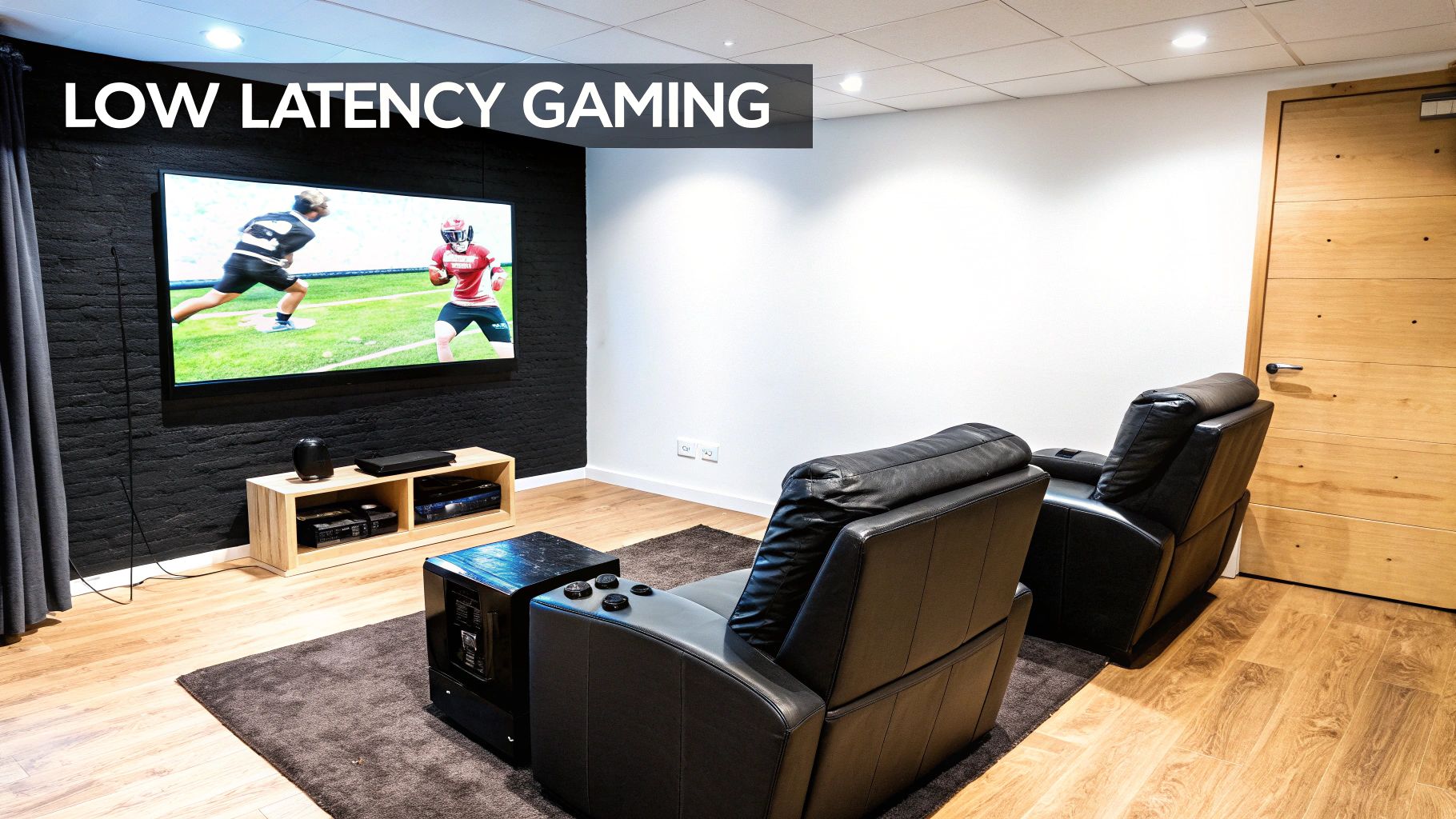 A basement gaming room with a large TV displaying a video game, two black recliners, and an entertainment stand.