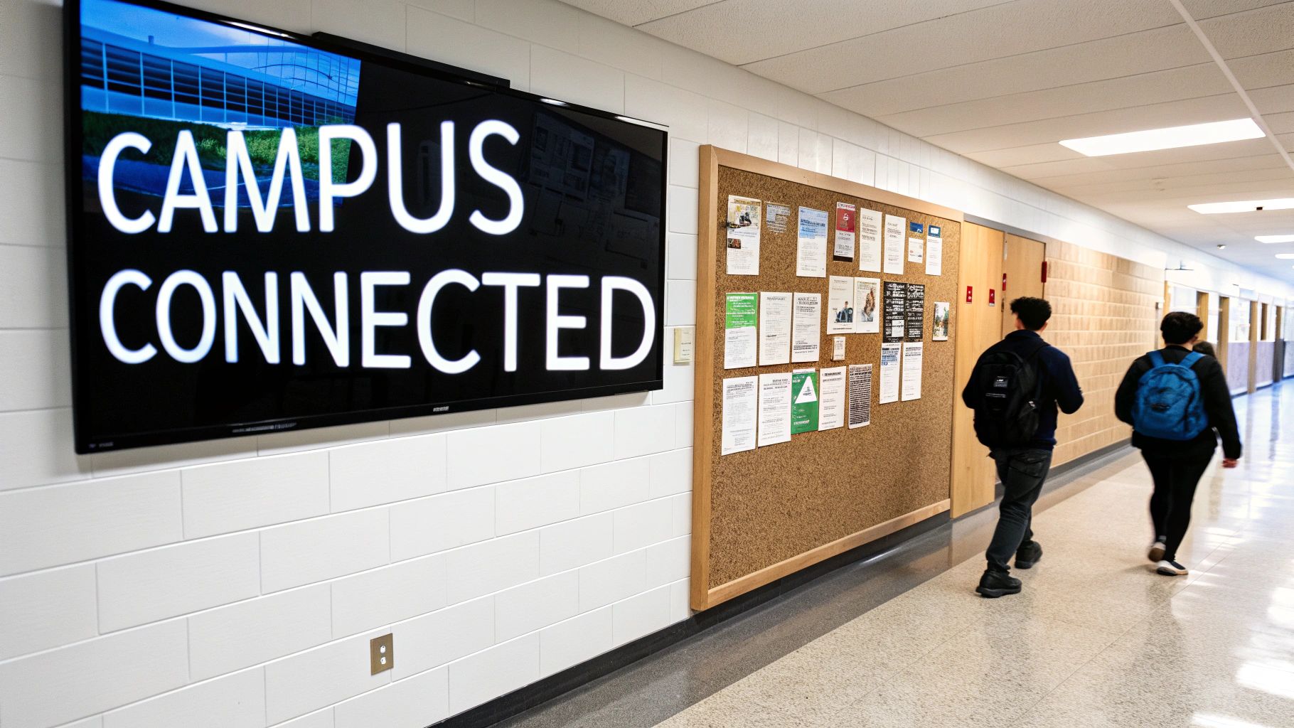The Ultimate Guide to Digital Signage for Education 1 Students walk past a digital screen displaying 'CAMPUS CONNECTED' and a bulletin board in a school hallway.