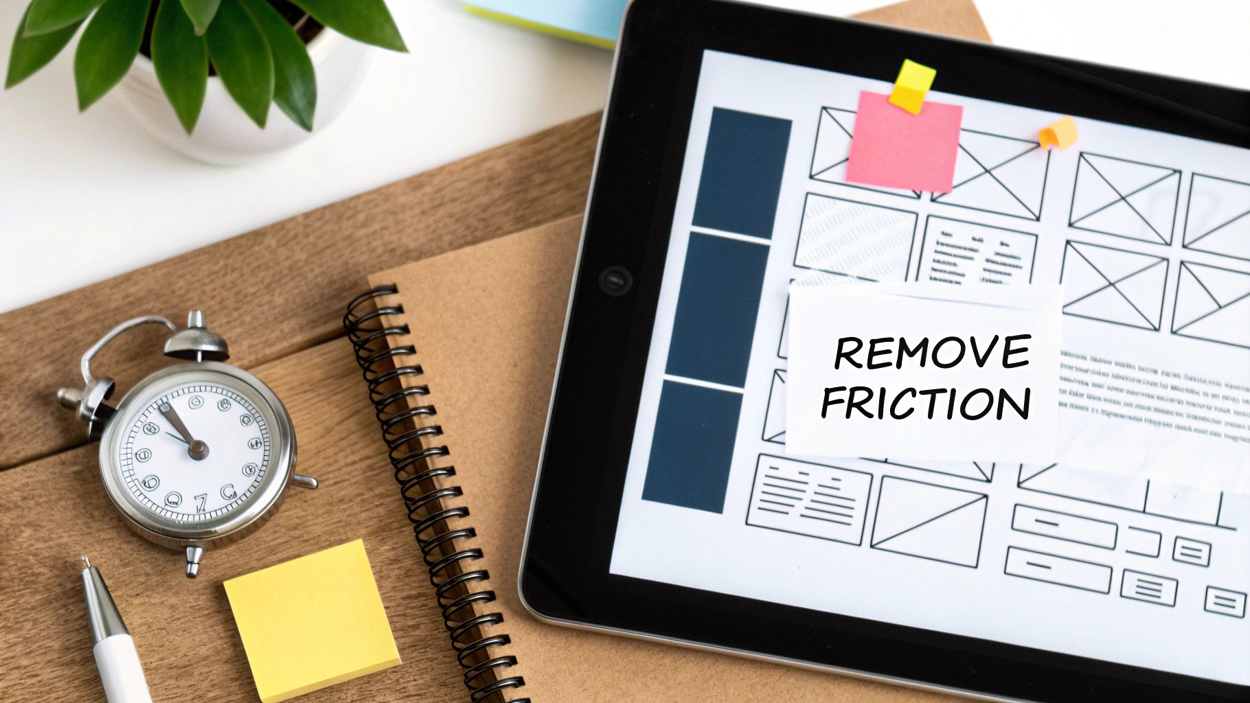 A tablet displaying wireframes with a sticky note saying 'REMOVE FRICTION' on a desk with a clock.