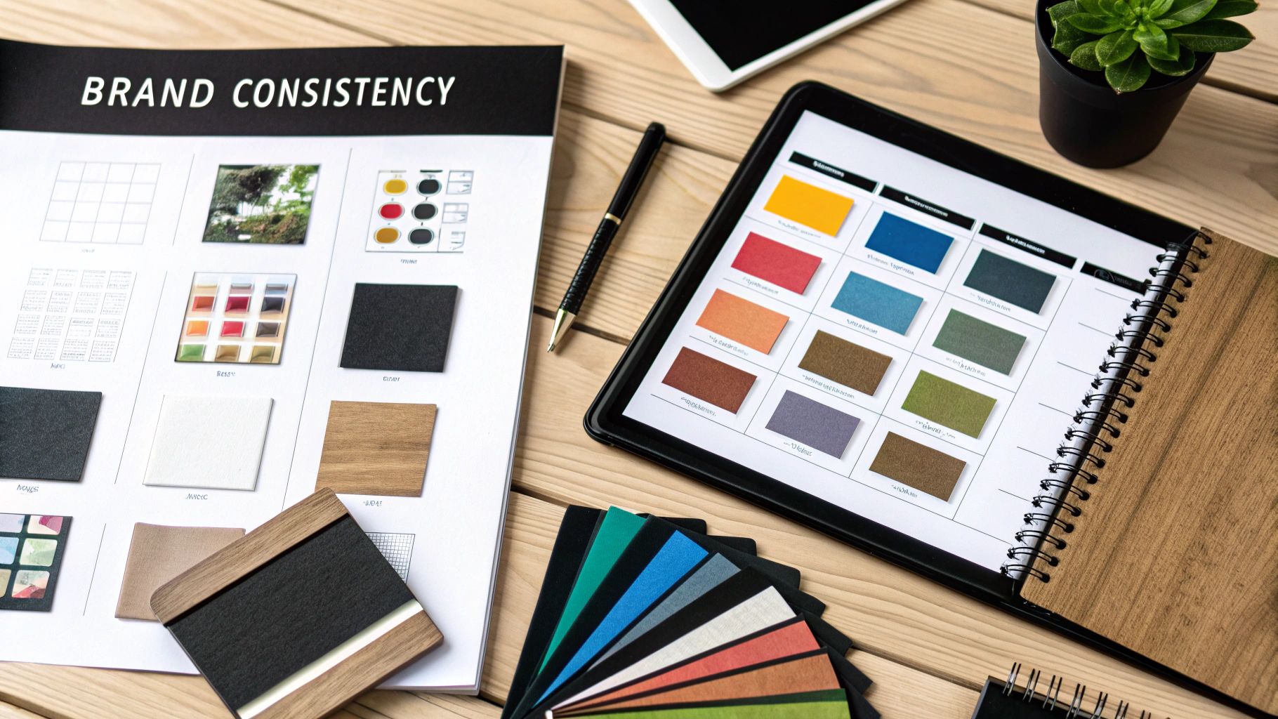Flat lay of design tools, 'Brand Consistency' document, color swatches on tablet, and material samples.