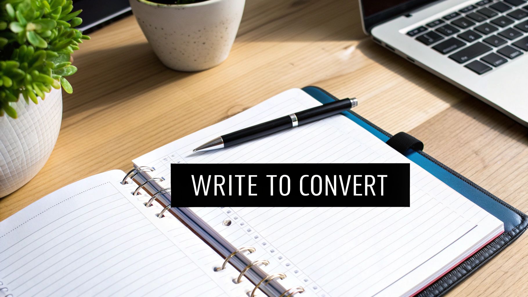 An overhead view of a desk with an open notebook, pen, plant, and laptop, featuring 'WRITE TO CONVERT'.